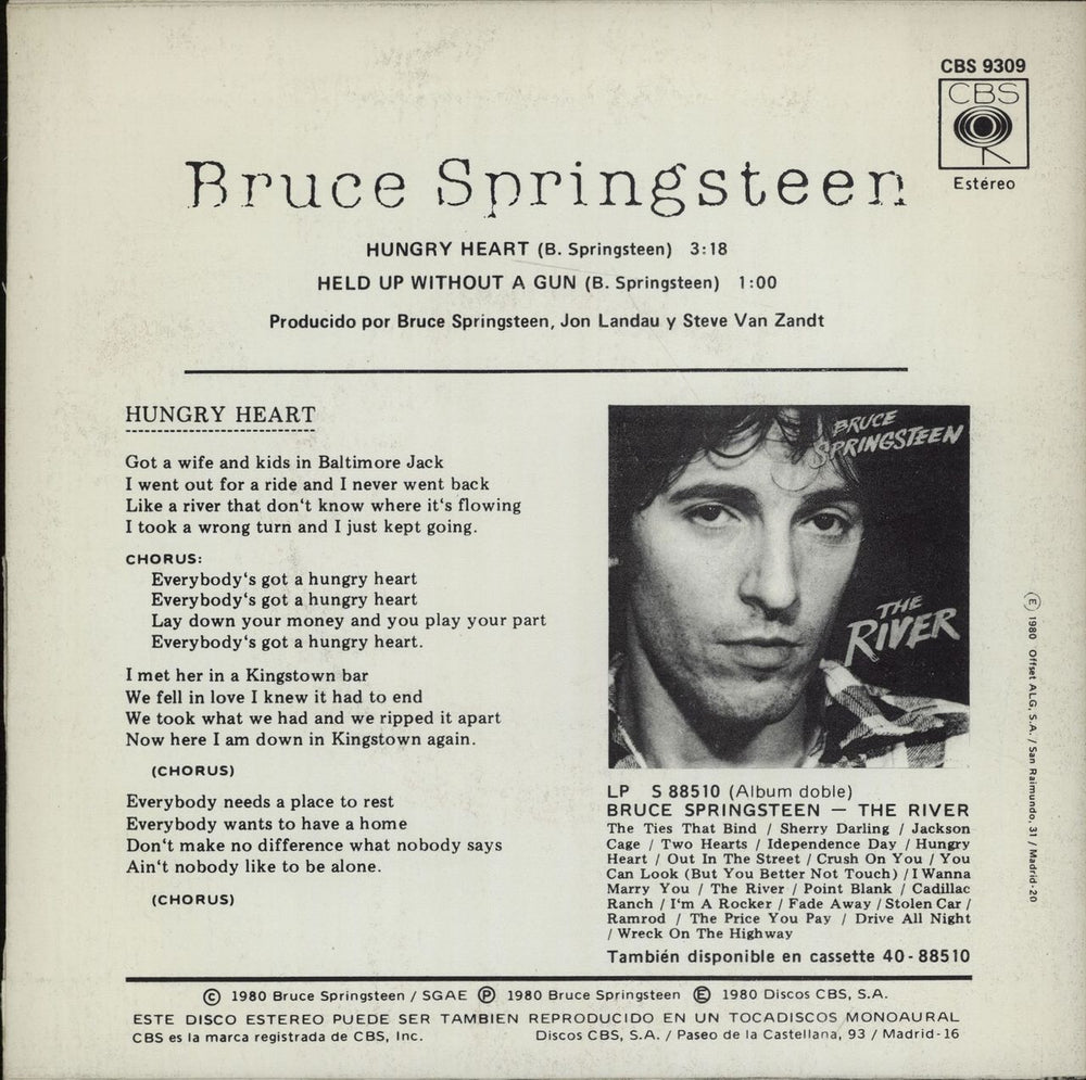 Bruce Springsteen Hungry Heart - Wide + Sleeve Spanish 7" vinyl single (7 inch record / 45)