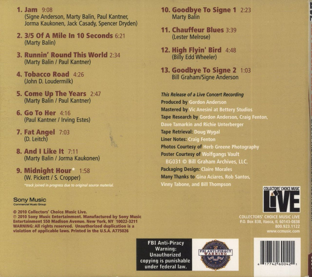 Jefferson Airplane Live At The Fillmore Auditorium 10/15/66 (Late Show - Signe's Farewell) US CD album (CDLP) 617742600421