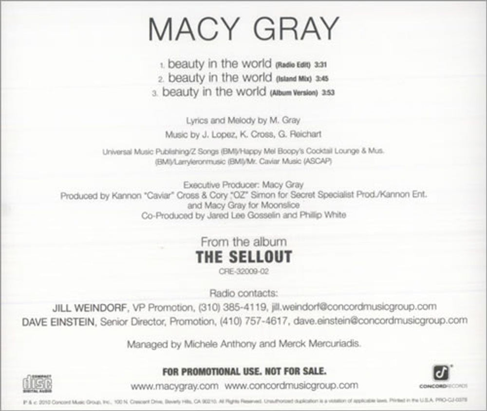 Macy Gray Beauty In The World US Promo CD-R acetate CD-R ACETATE