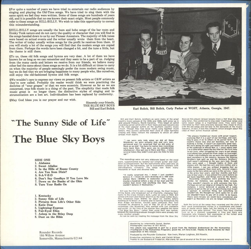 The Blue Sky Boys The Sunny Side Of Life US vinyl LP album (LP record)