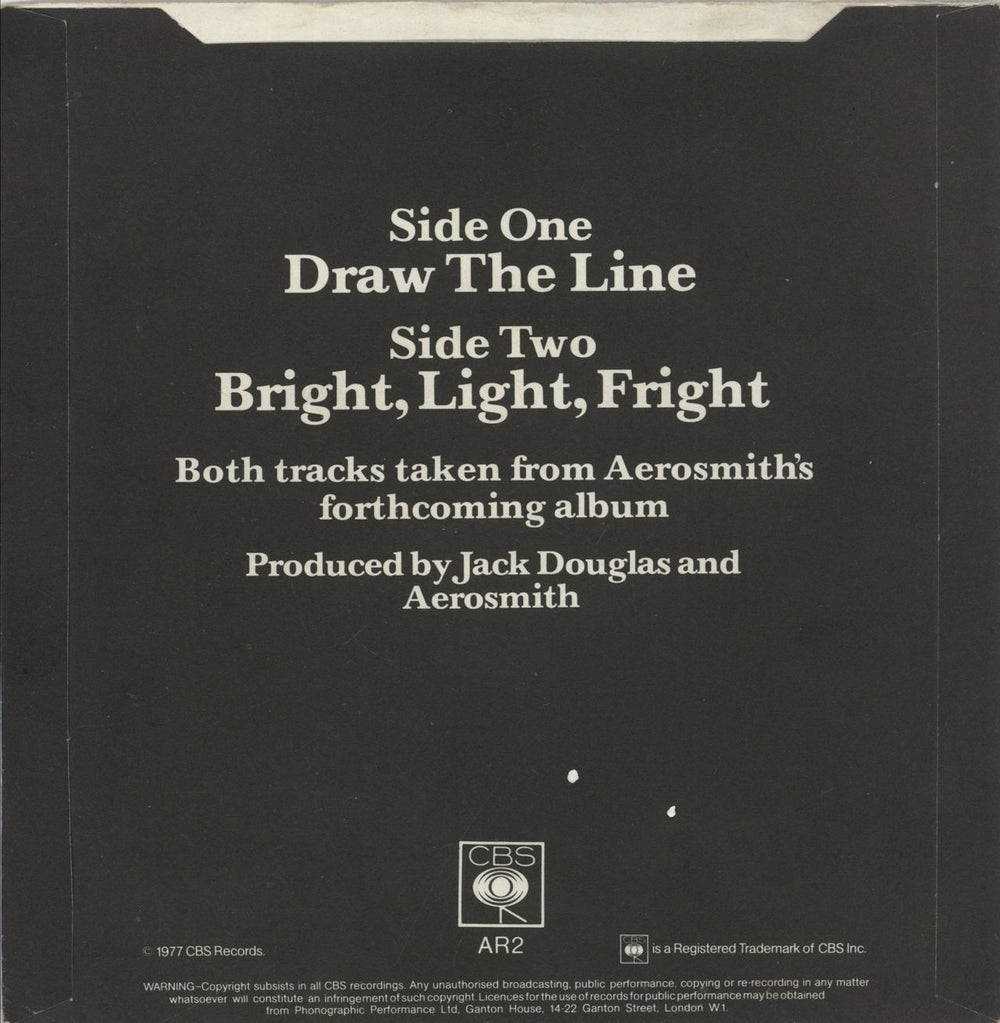 Aerosmith Draw The Line UK Promo 7" vinyl single (7 inch record / 45)