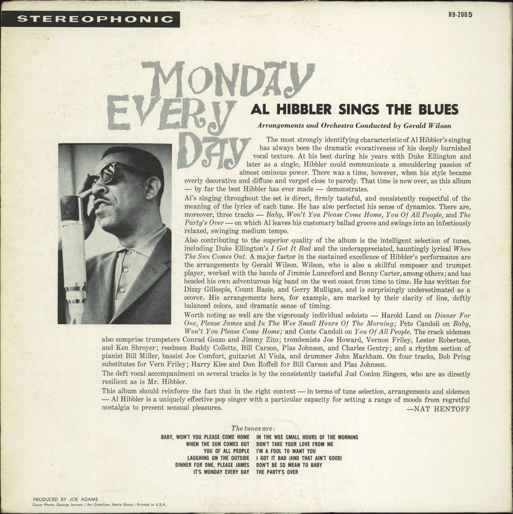 Al Hibbler Sings The Blues - Monday Every Day US vinyl LP album (LP record)