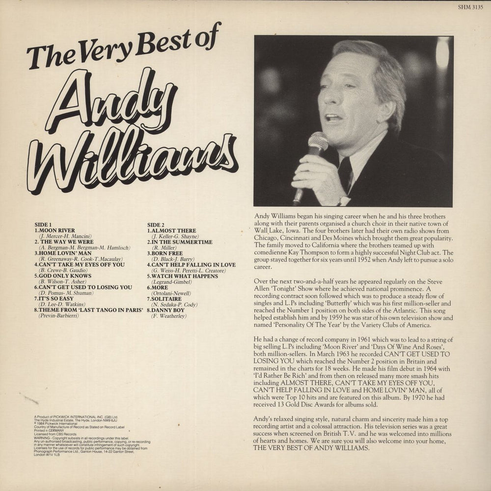 Andy Williams The Very Best Of Andy Williams UK vinyl LP album (LP record)