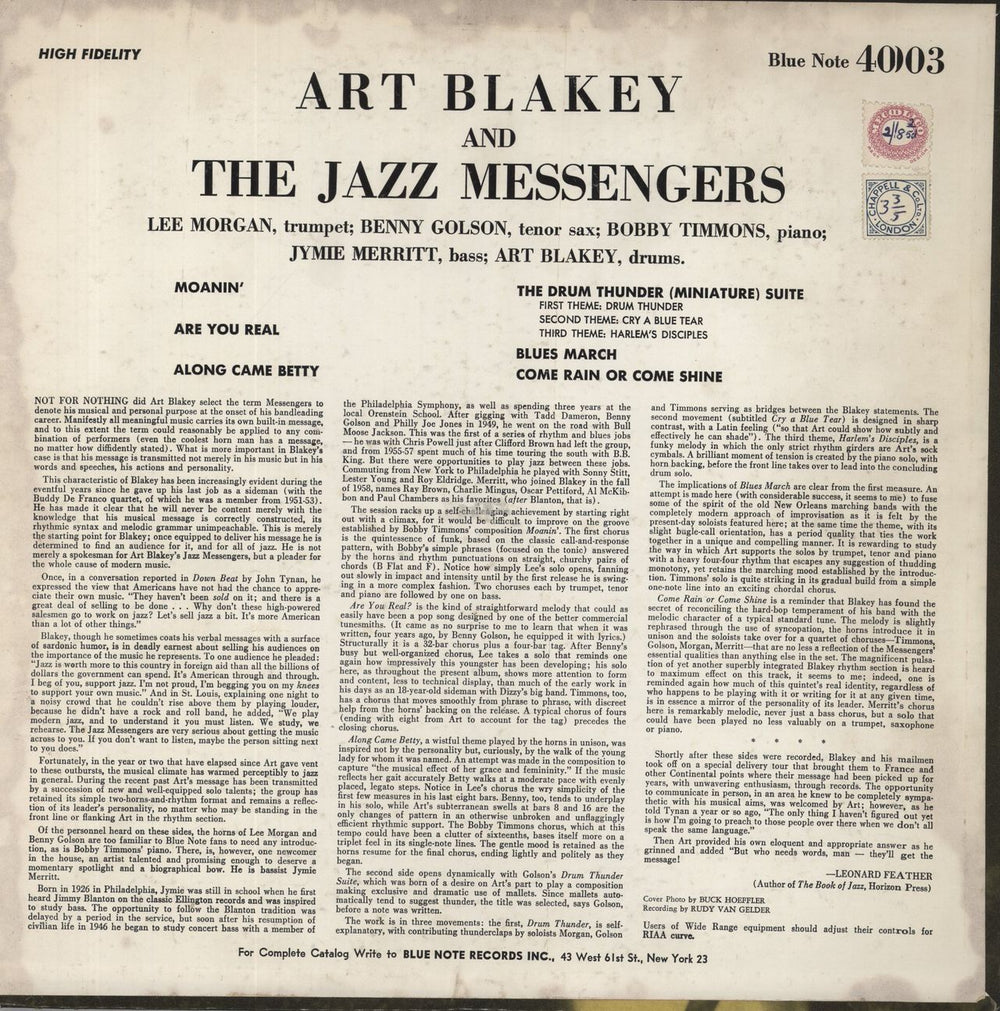 Art Blakey & The Jazz Messengers Moanin' - West 63rd - DG US vinyl LP album (LP record)