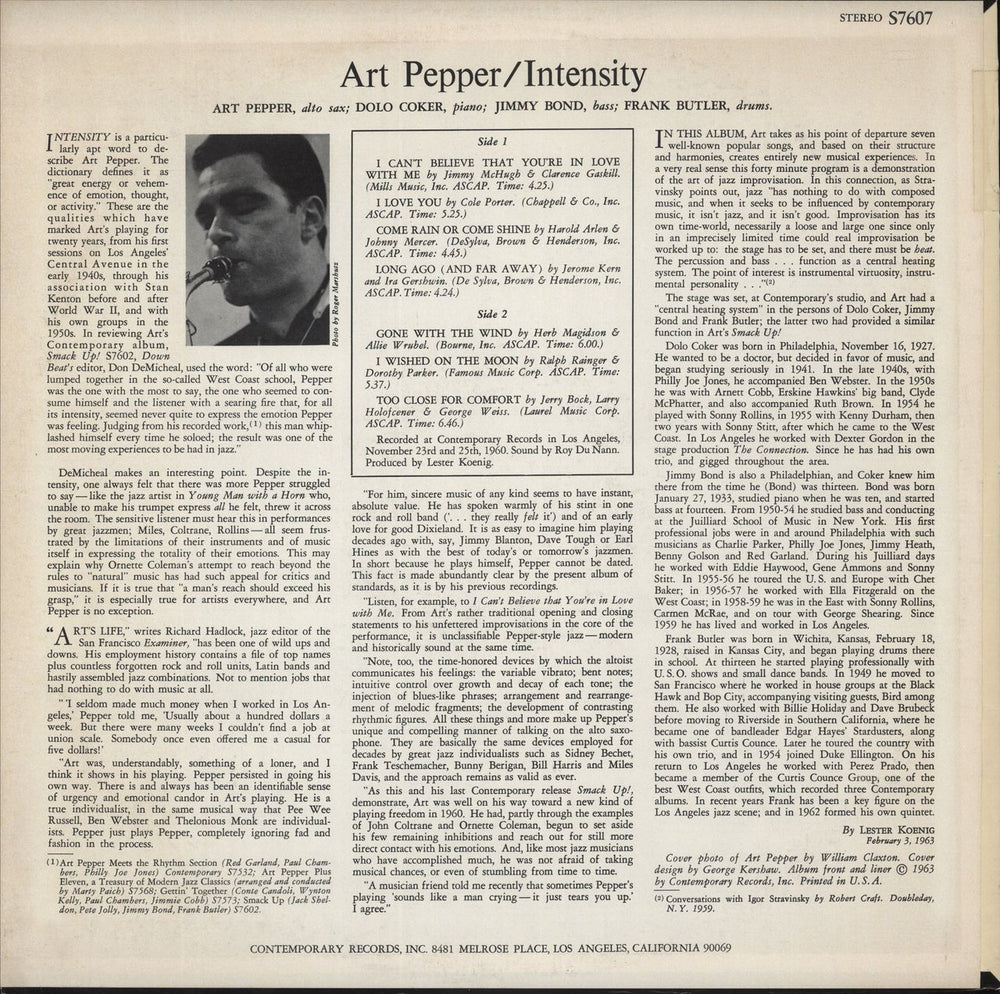 Art Pepper Intensity US vinyl LP album (LP record)