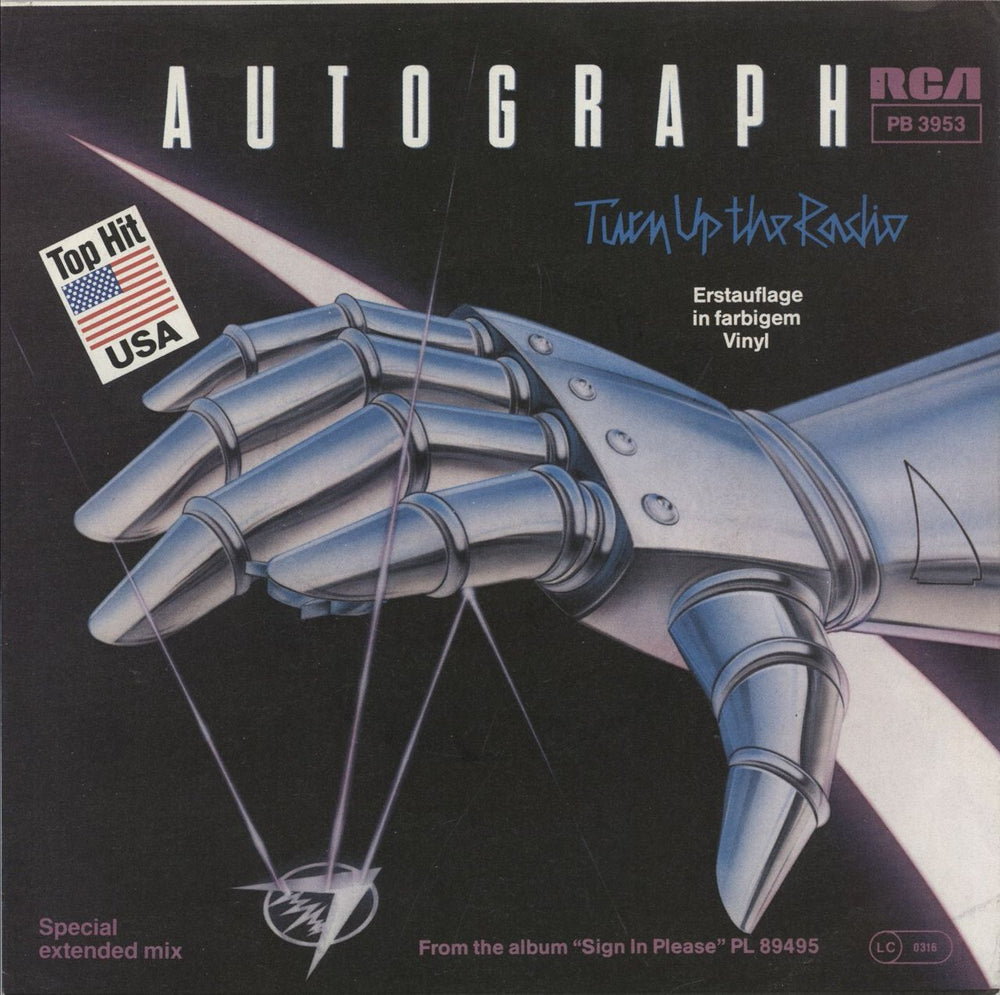 Autograph (Metal) Turn Up The Radio - Blue Vinyl + Press Sheet German 7" vinyl single (7 inch record / 45) PB3953