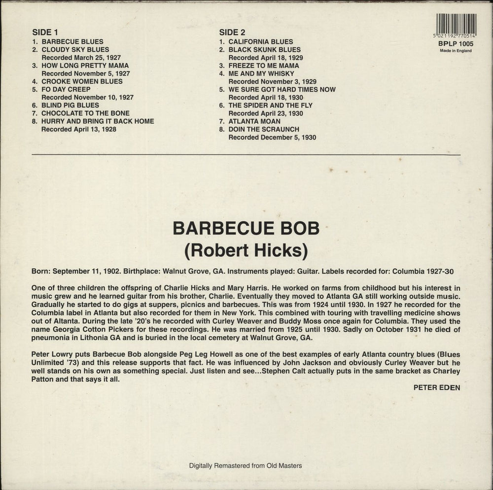 Barbecue Bob Barbecue Blues UK vinyl LP album (LP record)