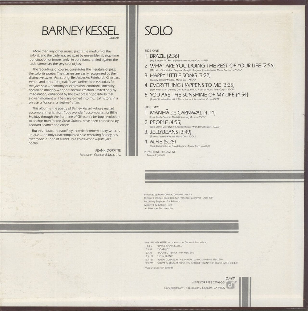 Barney Kessel Solo US vinyl LP album (LP record)