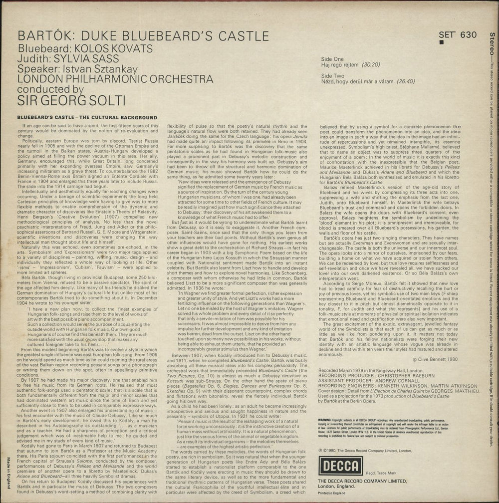 Béla Bartók Bluebeard's Castle UK vinyl LP album (LP record)
