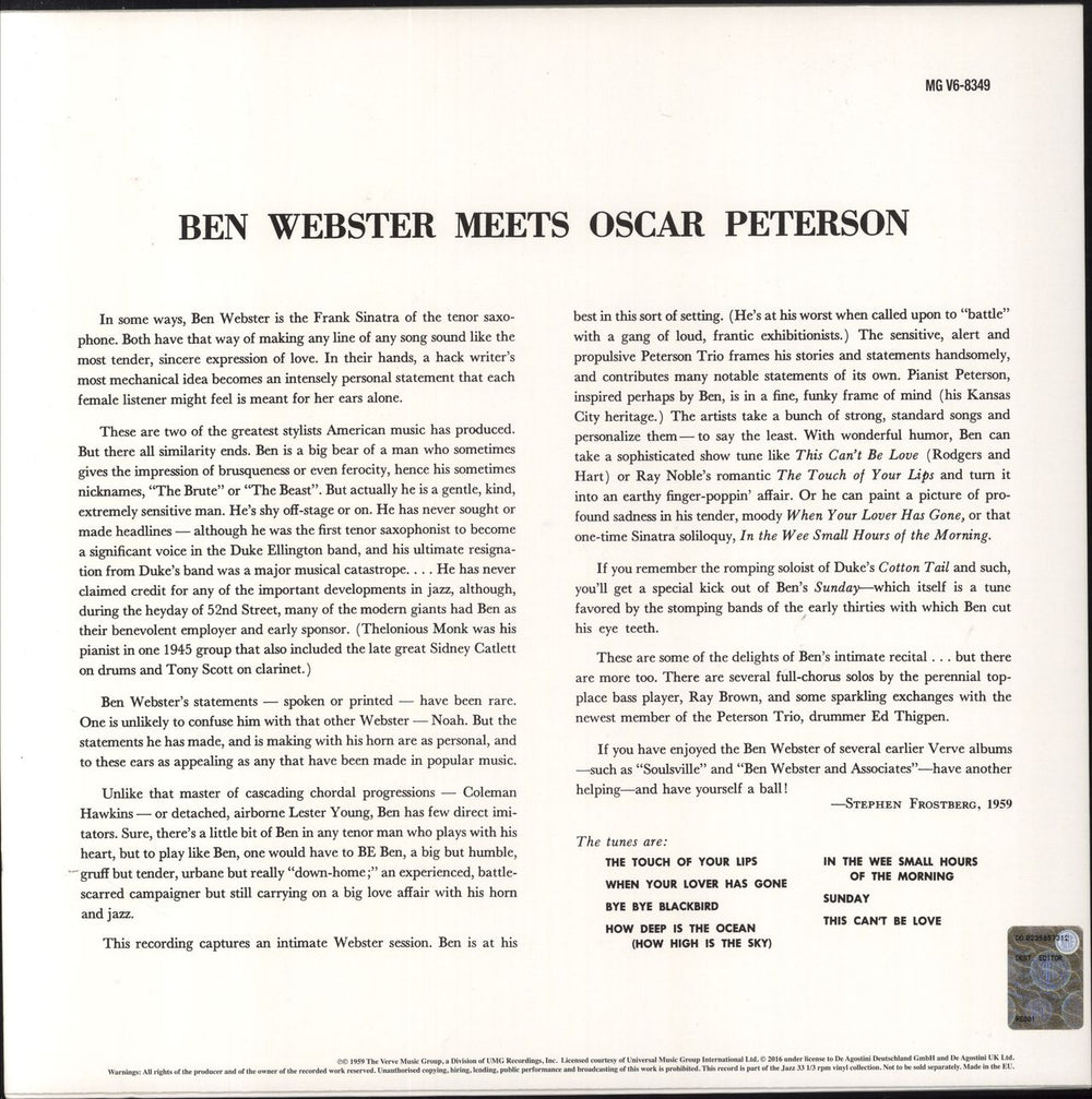 Ben Webster Meets Oscar Peterson - 180gm Vinyl UK vinyl LP album (LP record)