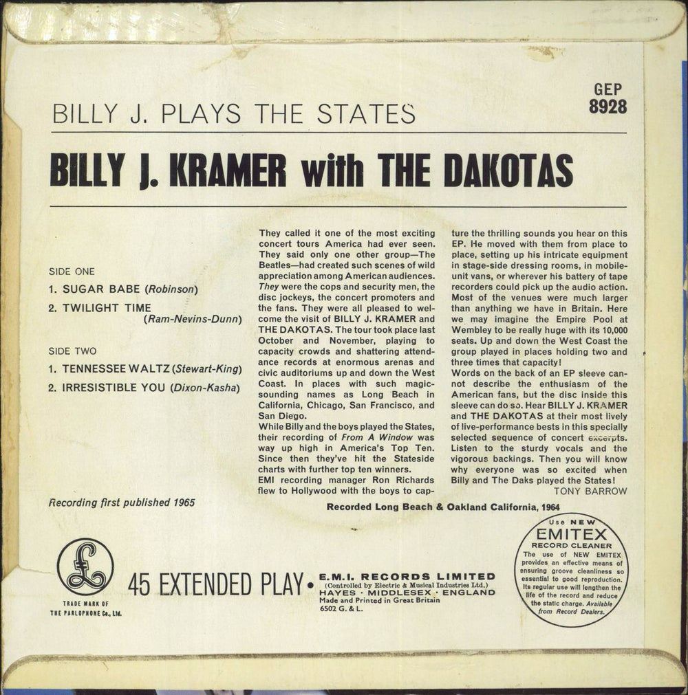 Billy J. Kramer & The Dakotas Billy J. Plays The States UK 7" vinyl single (7 inch record / 45)