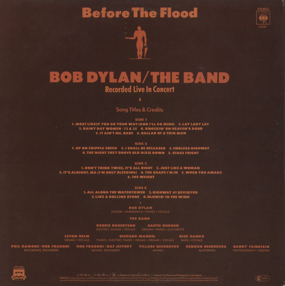 Bob Dylan Before The Flood - Graduated Orange Label UK 2-LP vinyl record set (Double LP Album)