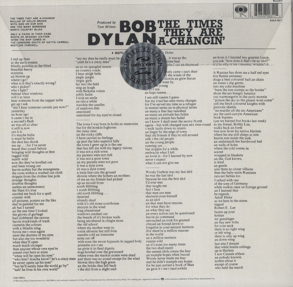 Bob Dylan The Times They Are A-changin' - 180 Gram Vinyl - Sealed UK vinyl LP album (LP record) 643346003115