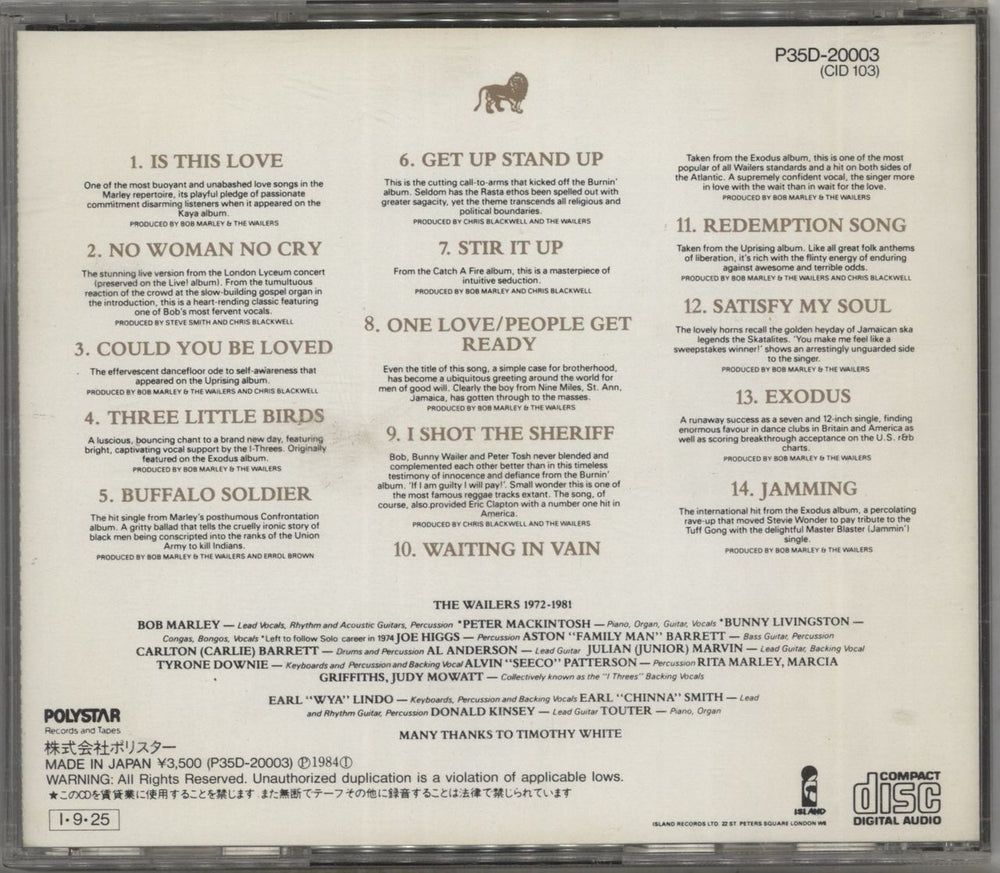 Bob Marley & The Wailers Legend (The Best Of Bob Marley And The Wailers) Japanese CD album (CDLP)