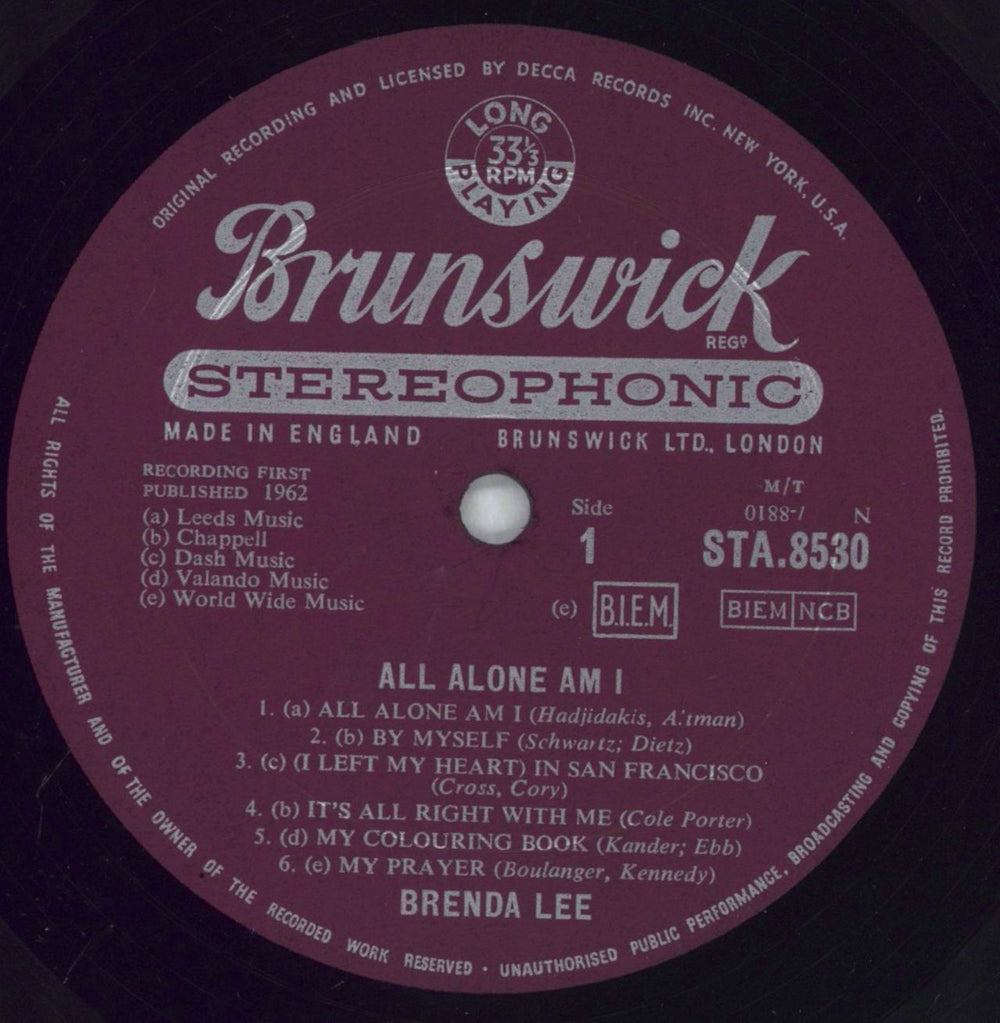 Brenda Lee All Alone Am I UK vinyl LP album (LP record) B-LLPAL828848