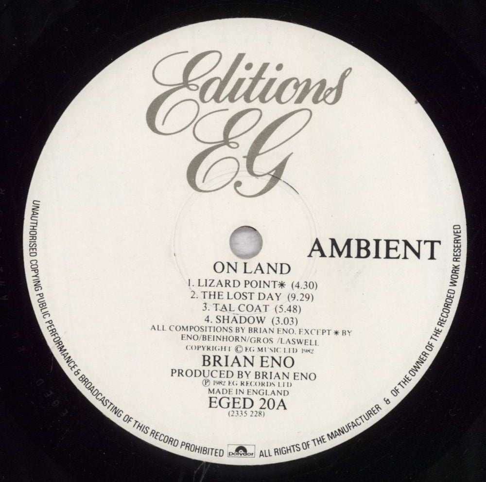 Brian Eno Ambient 4: On Land UK vinyl LP album (LP record) ENOLPAM846445