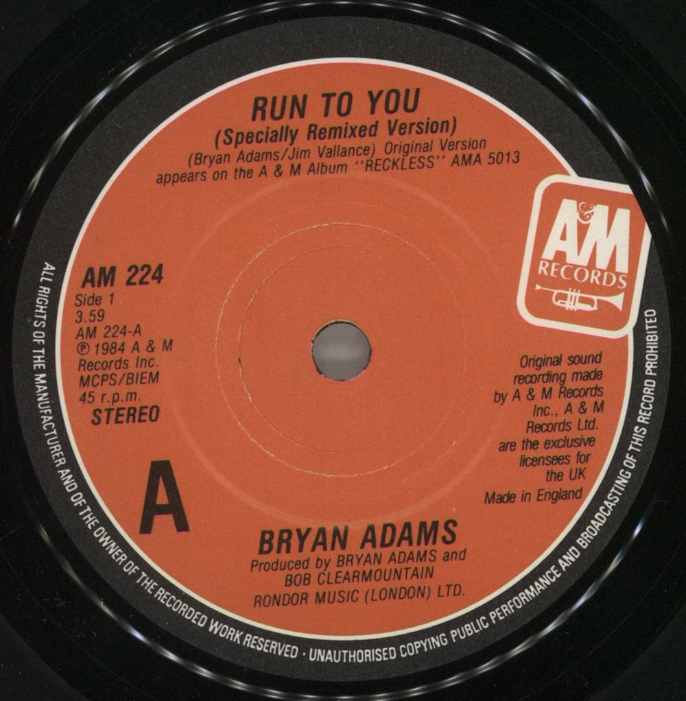 Bryan Adams Run To You UK 7" vinyl single (7 inch record / 45) ADA07RU636528