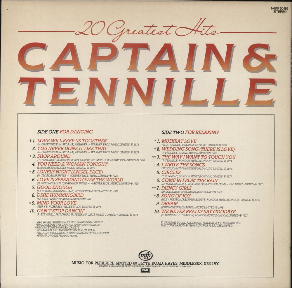 Captain & Tennille 20 Greatest Hits UK vinyl LP album (LP record)
