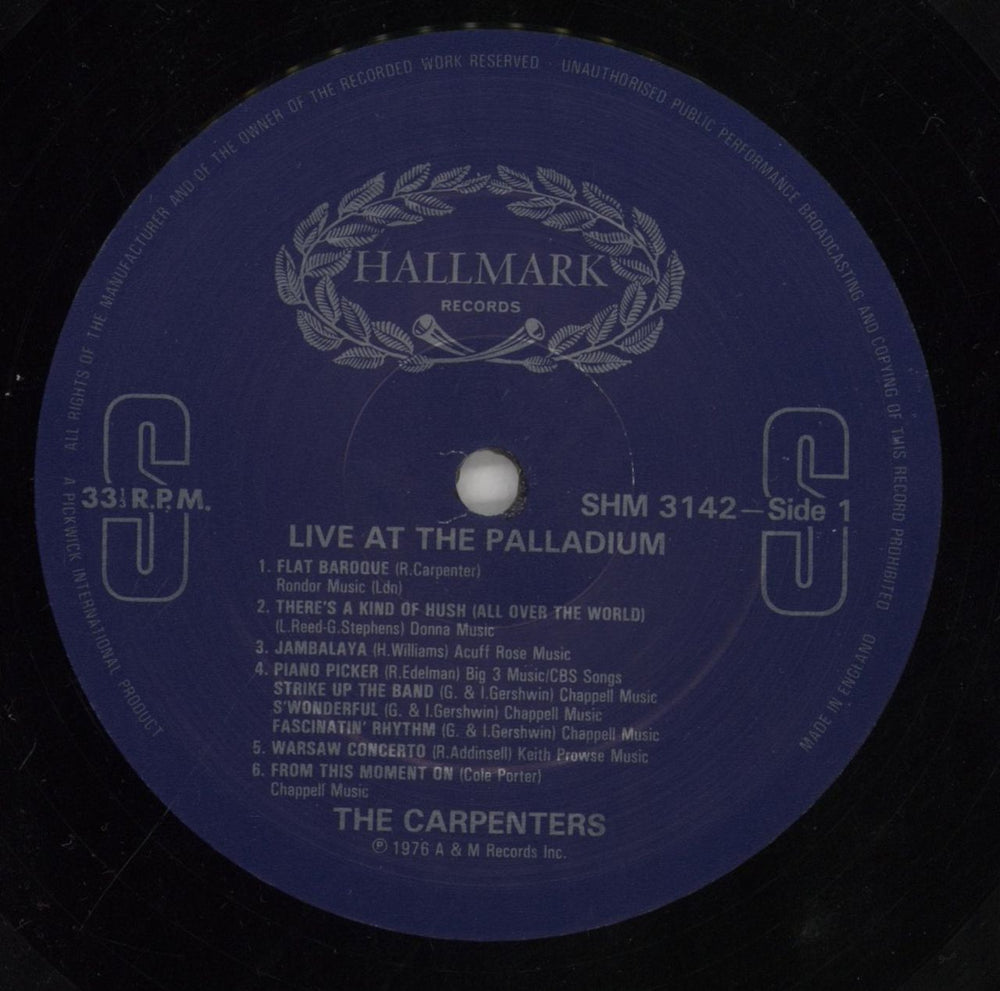 Carpenters Live At The Palladium UK vinyl LP album (LP record) CRPLPLI859925