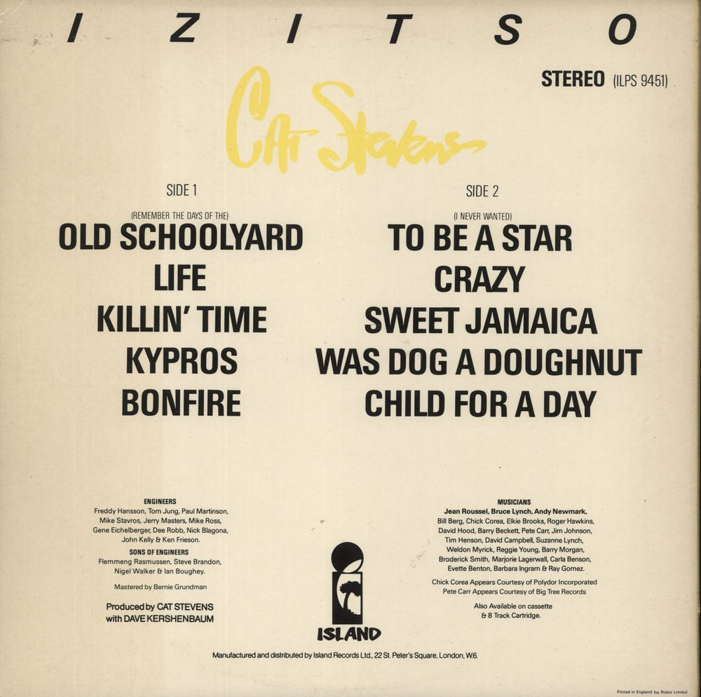 Cat Stevens Izitso + Credits Insert UK vinyl LP album (LP record)