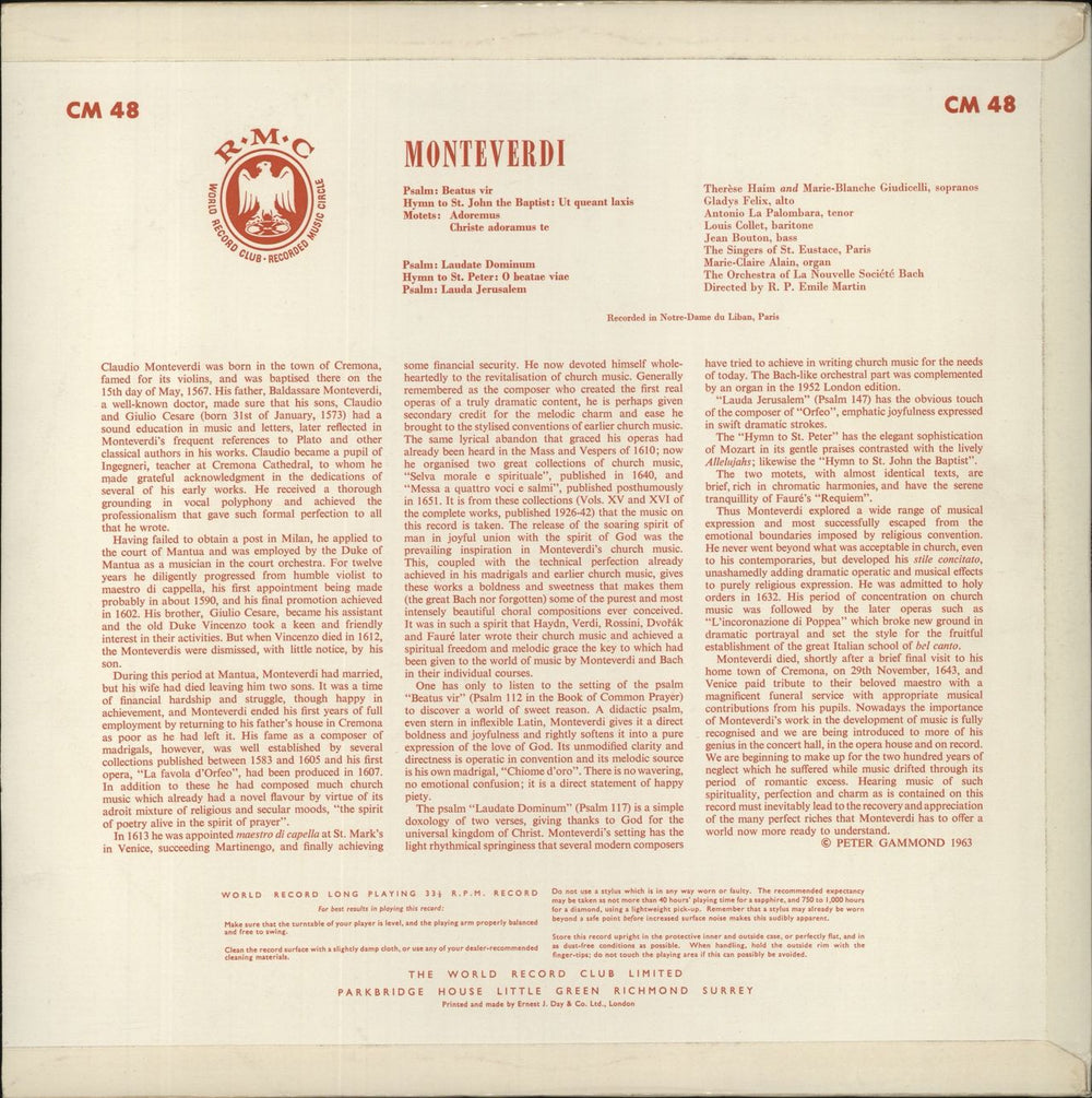 Claudio Monteverdi Monteverdi: Psalms And Anthems UK vinyl LP album (LP record)