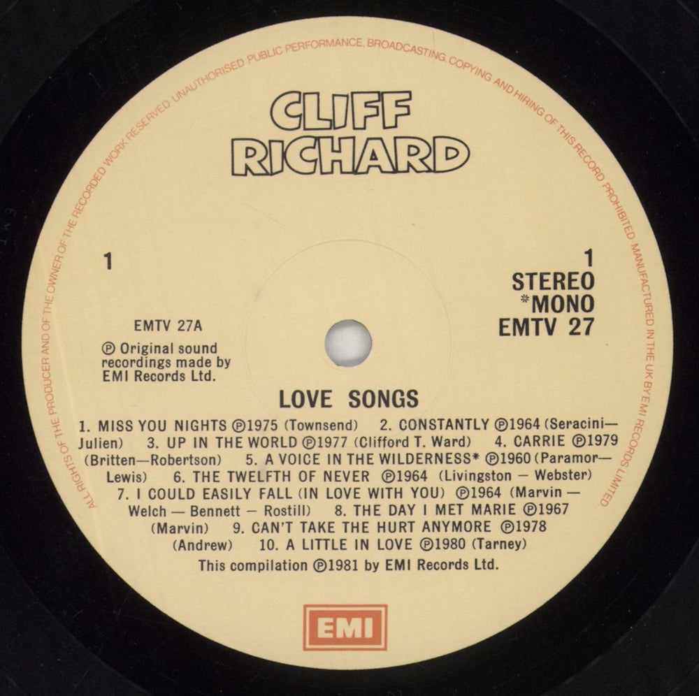 Cliff Richard Love Songs UK vinyl LP album (LP record) RICLPLO453765