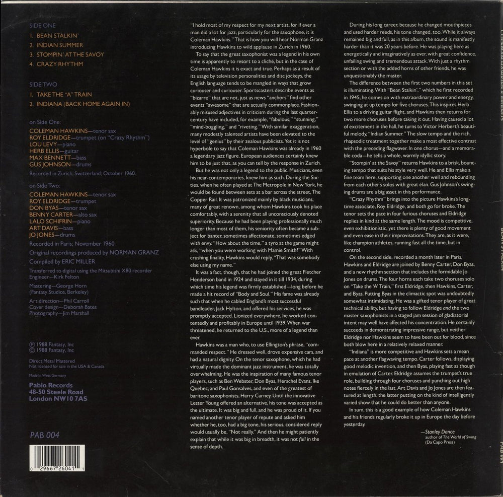 Coleman Hawkins Bean Stalkin' German vinyl LP album (LP record) 029667260411