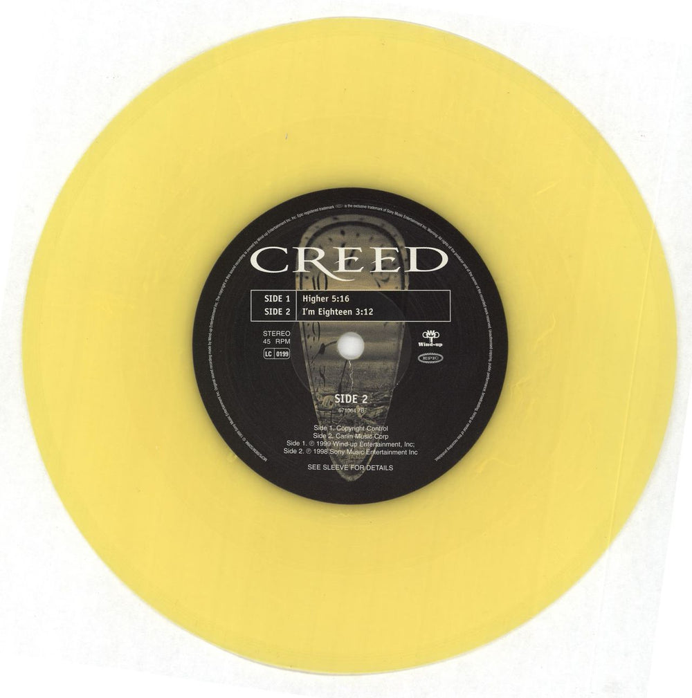 Creed Higher - Yellow Vinyl + Numbered Sleeve UK 7" vinyl single (7 inch record / 45) E-D07HI197003