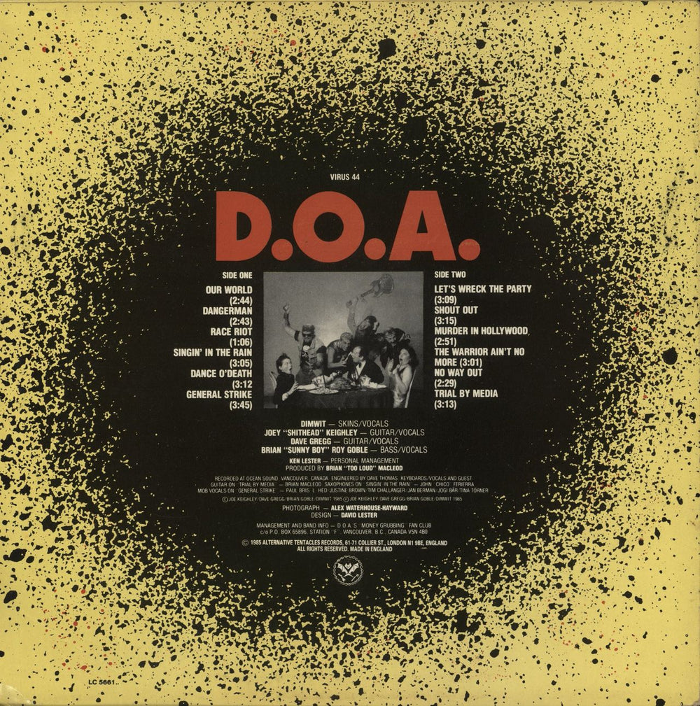 D.O.A. Let's Wreck The Party - Yellow Sleeve UK vinyl LP album (LP record)