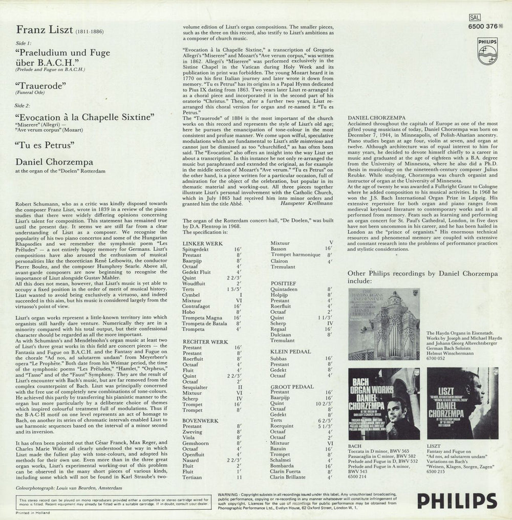 Daniel Chorzempa Praeludium Und Fuge Über B.A.C.H. / Trauerode / Evocation À La Chapelle Sixtine / Tu Es Petrus Dutch vinyl LP album (LP record)