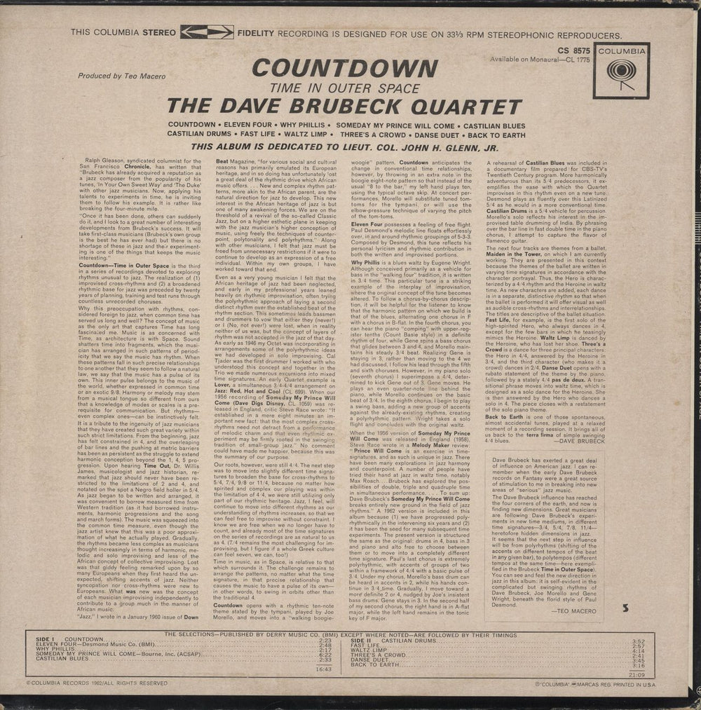 Dave Brubeck Countdown: Time In Outer Space - EX US vinyl LP album (LP record)