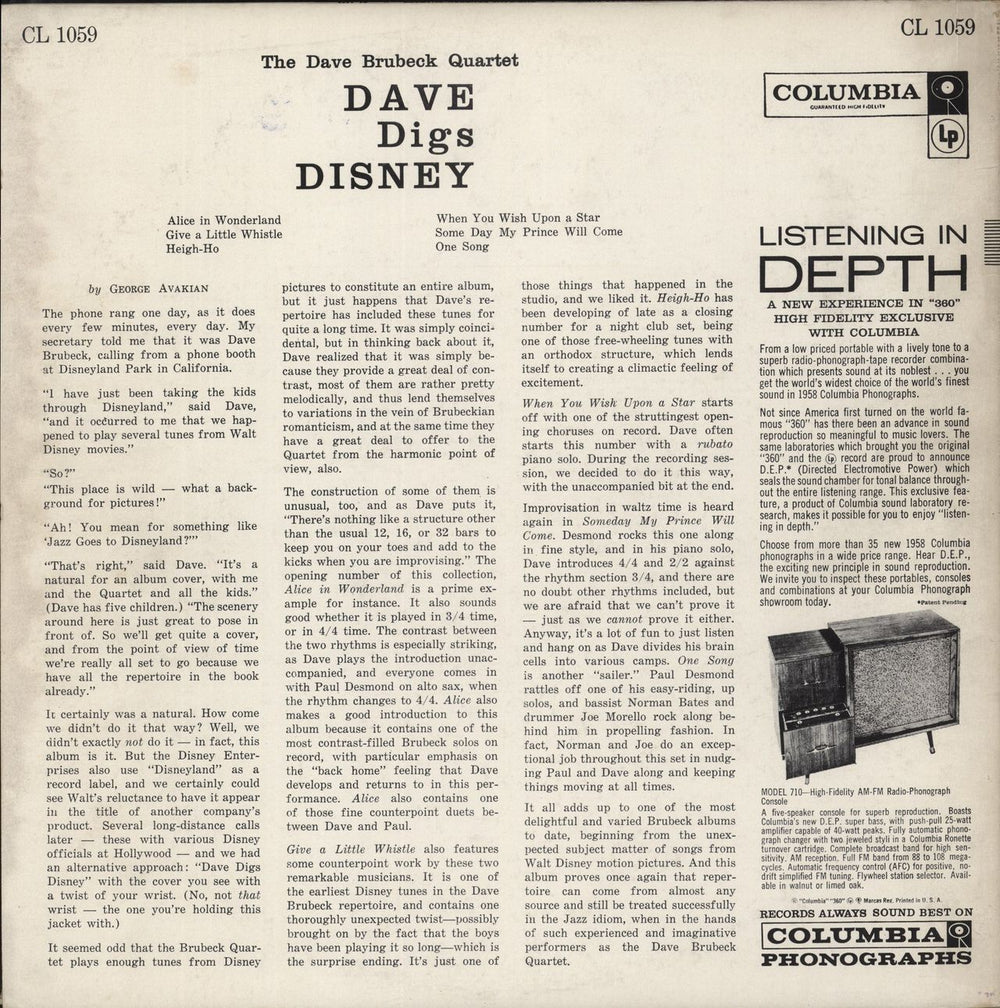 Dave Brubeck Dave Digs Disney US vinyl LP album (LP record)