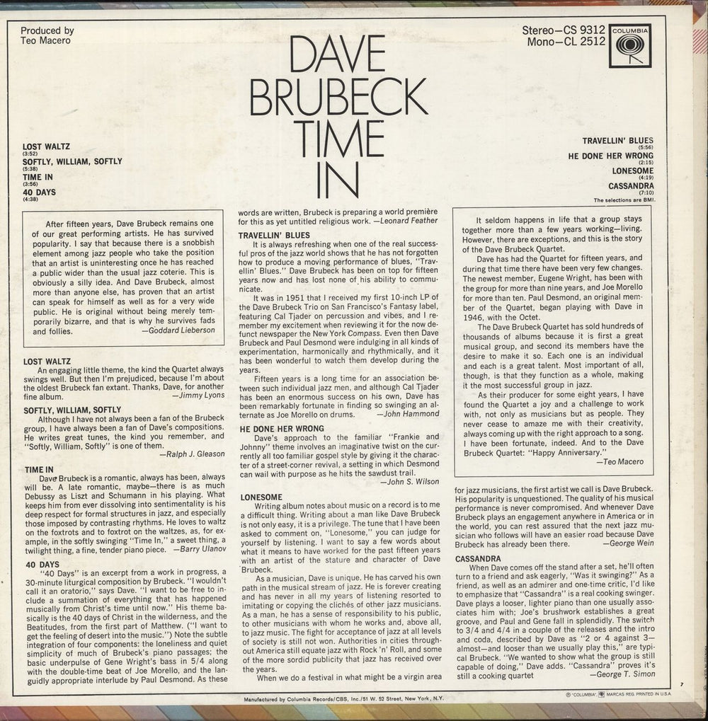 Dave Brubeck Time In US vinyl LP album (LP record)