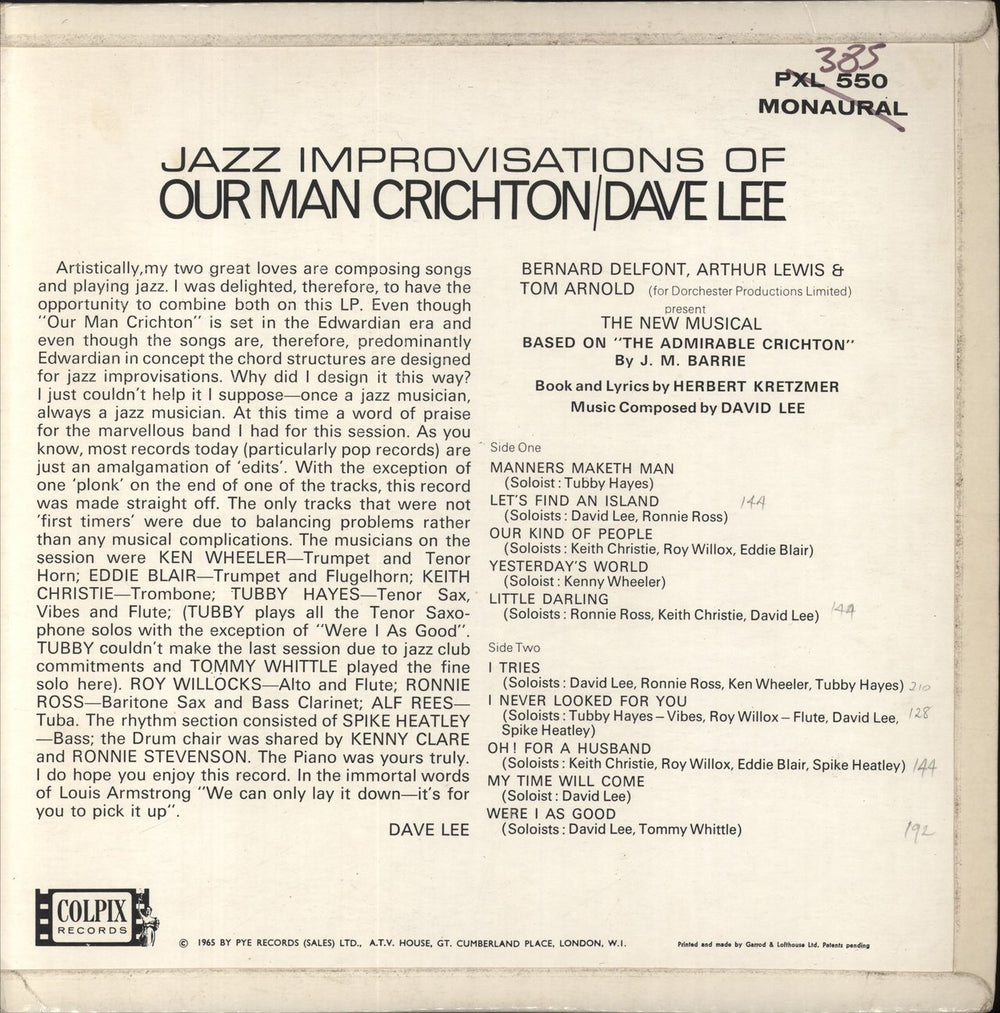 Dave Lee Jazz Improvisations Of Our Man Crichton UK vinyl LP album (LP record)