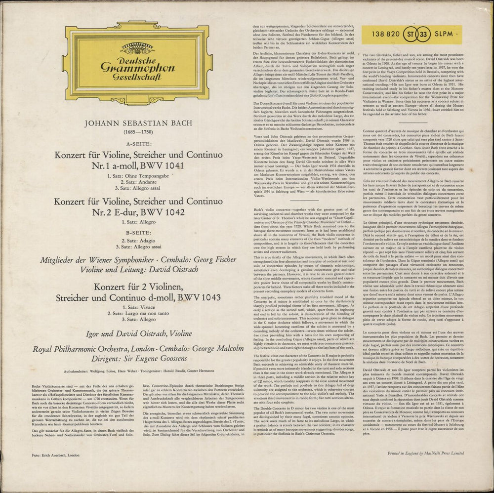 David & Igor Oïstrakh Bach: Violin Concertos in A Minor & E Major / Double Violin Concerto in D Minor German vinyl LP album (LP record)