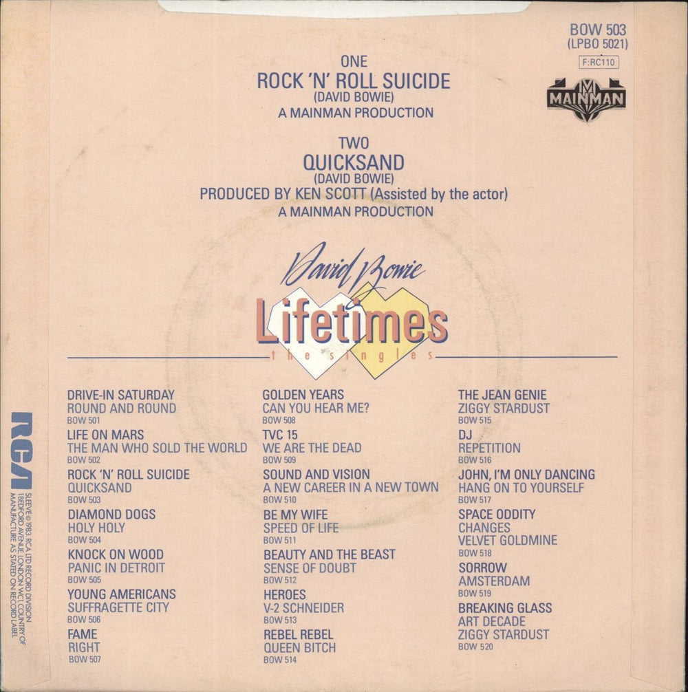 David Bowie Rock 'N' Roll Suicide Irish 7" vinyl single (7 inch record / 45)