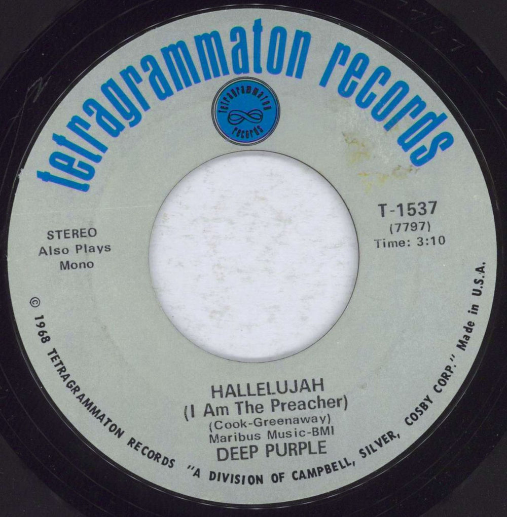 Deep Purple Hallelujah US 7" vinyl single (7 inch record / 45) T-1537