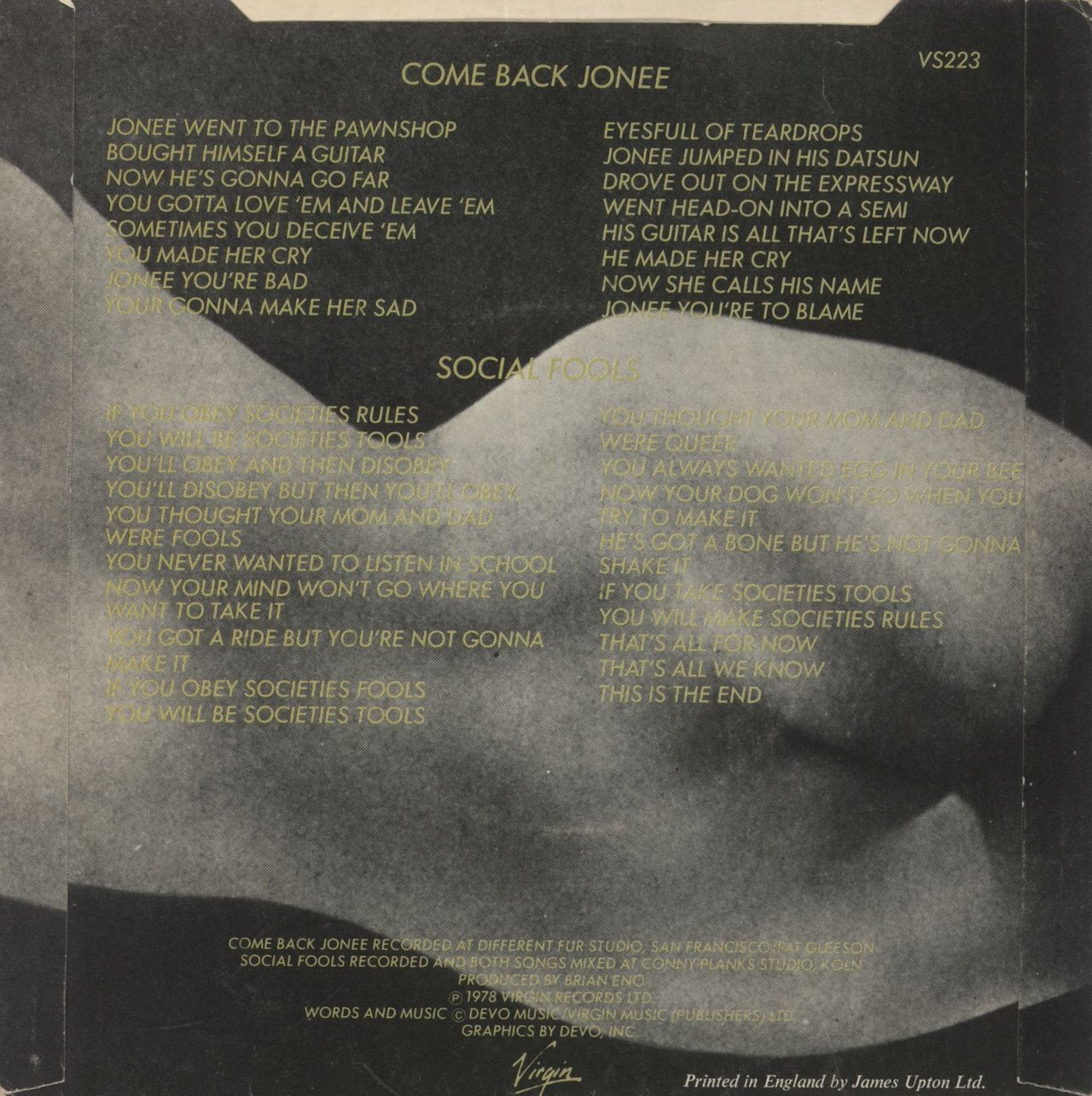 Devo Come Back Jonee + Sticker UK 7" vinyl single (7 inch record / 45)