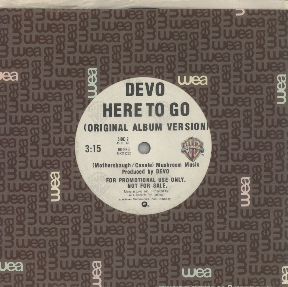 Devo Here To Go Australian Promo 7" vinyl single (7 inch record / 45)