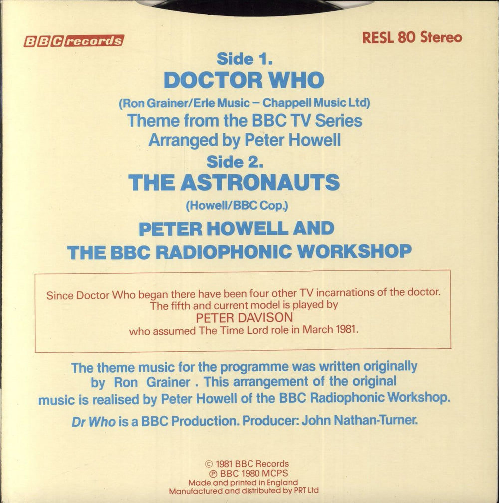 Doctor Who Theme From The BBC TV Series - Peter Davison p/s UK 7" vinyl single (7 inch record / 45)