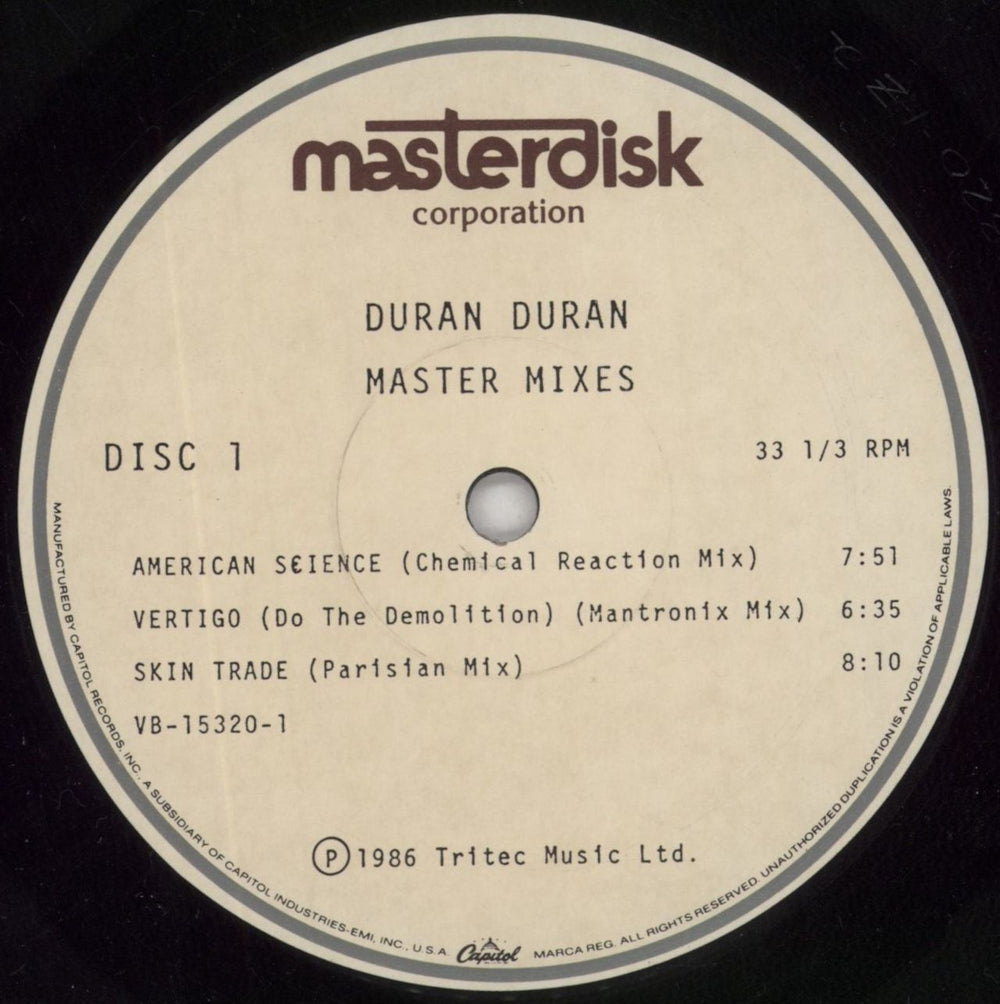 Duran Duran Master Mixes US 12" vinyl single (12 inch record / Maxi-single) DDN12MA686424