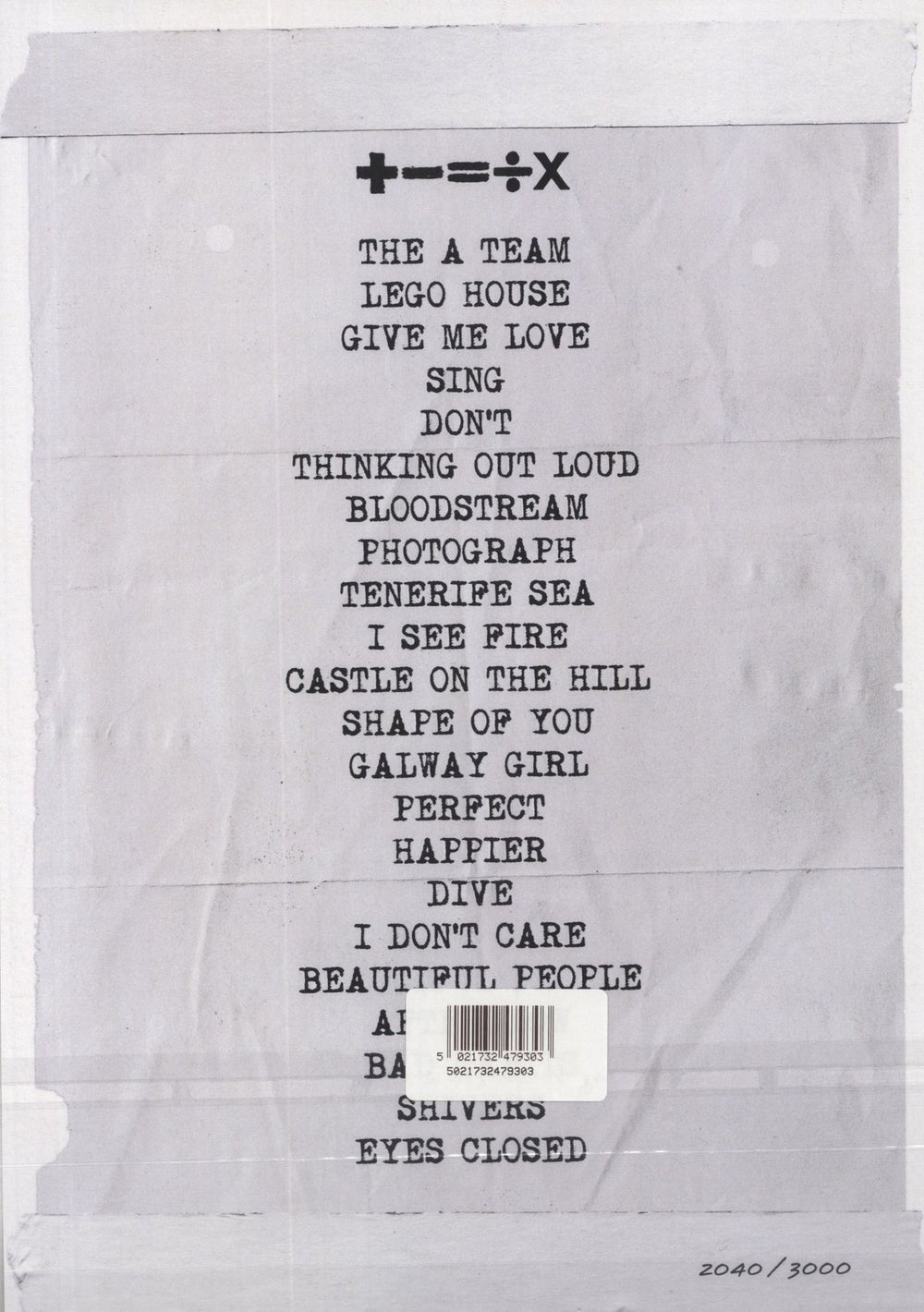 Ed Sheeran +-=÷× (Tour Collection) - Blue Vinyl + Numbered Set List UK 2-LP vinyl record set (Double LP Album)