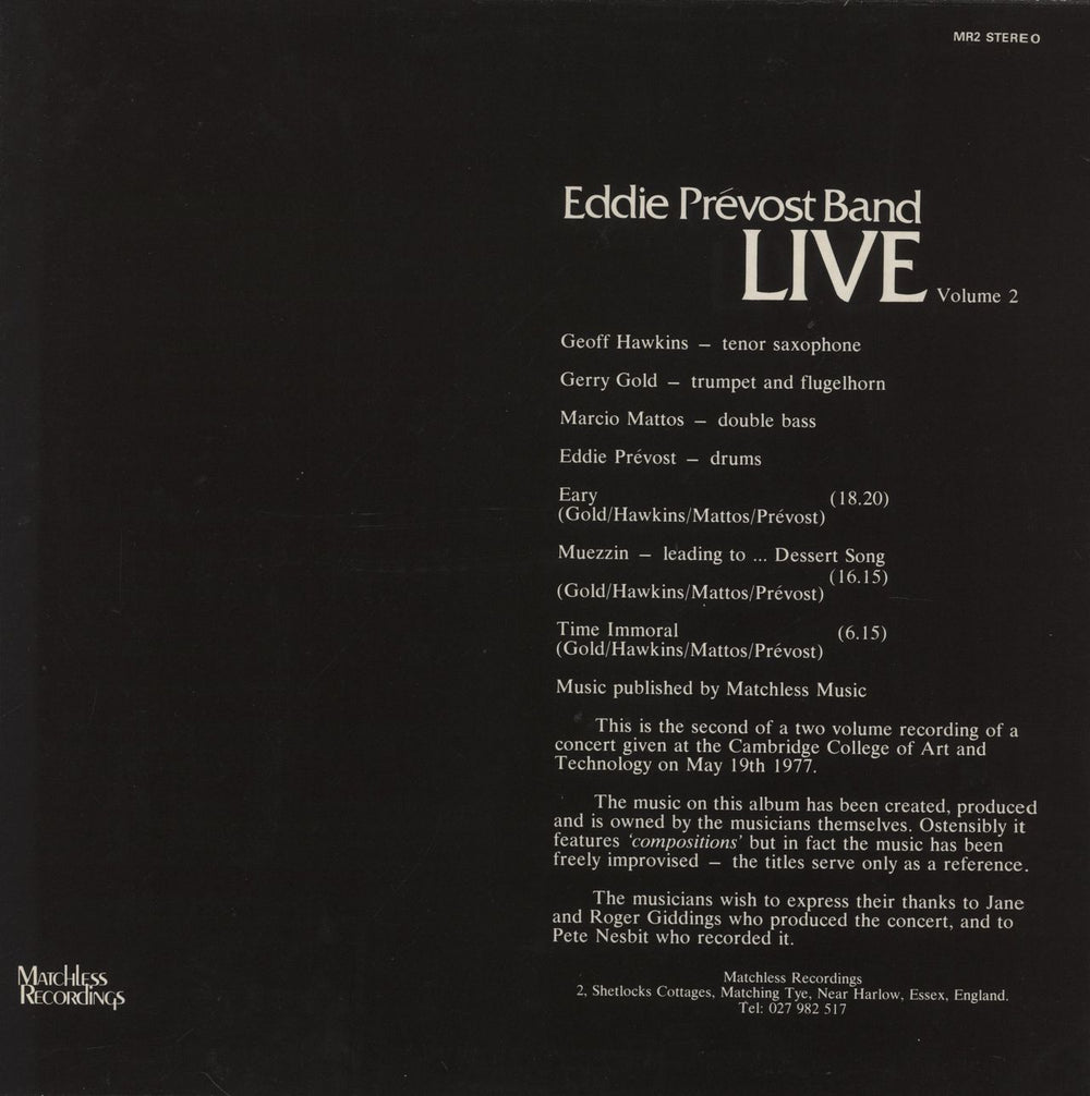 Eddie Prévost Live Volume 2 UK vinyl LP album (LP record)
