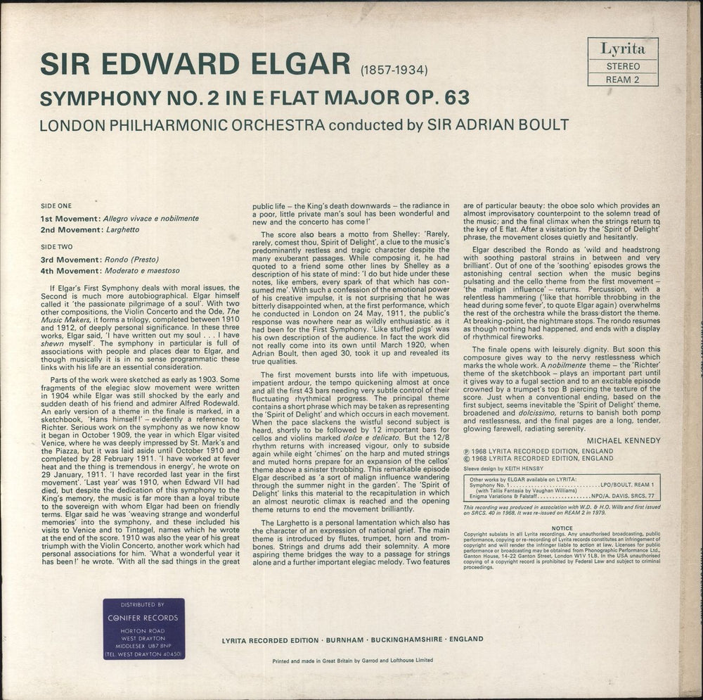 Edward Elgar Elgar: Symphony No 2 In E Flat UK vinyl LP album (LP record)