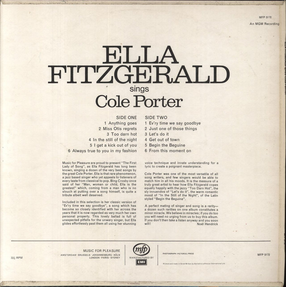 Ella Fitzgerald Sings Cole Porter UK vinyl LP album (LP record)