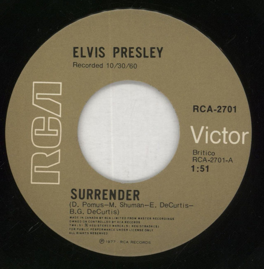Elvis Presley Surrender - Wide Canadian 7" vinyl single (7 inch record / 45) ELV07SU863049