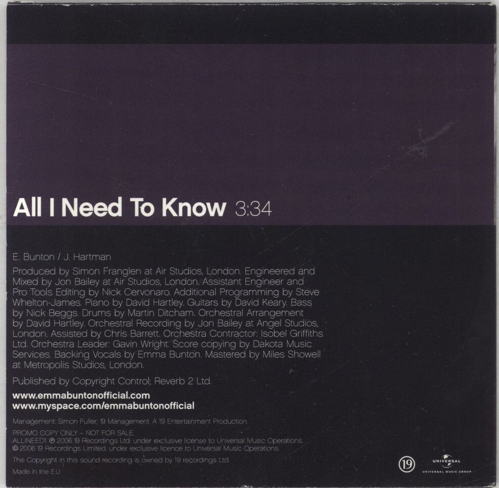 Emma Bunton All I Need To Know UK Promo CD single (CD5 / 5")