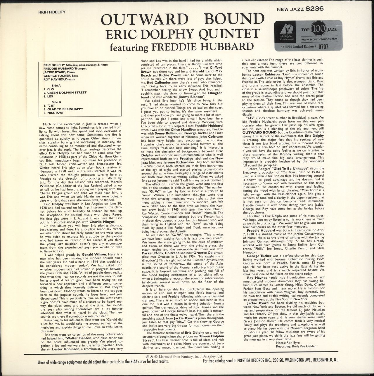Eric Dolphy Outward Bound US 2-LP vinyl record set (Double LP Album)