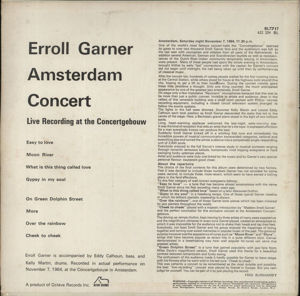 Erroll Garner Amsterdam Concert UK vinyl LP album (LP record)
