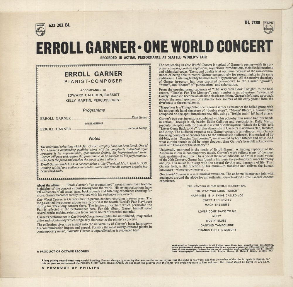 Erroll Garner One World Concert UK vinyl LP album (LP record)